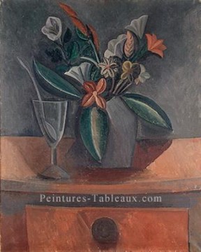 Vase de fleurs verre de vin et cuillère 1908 cubiste Pablo Picasso Peinture à l'huile